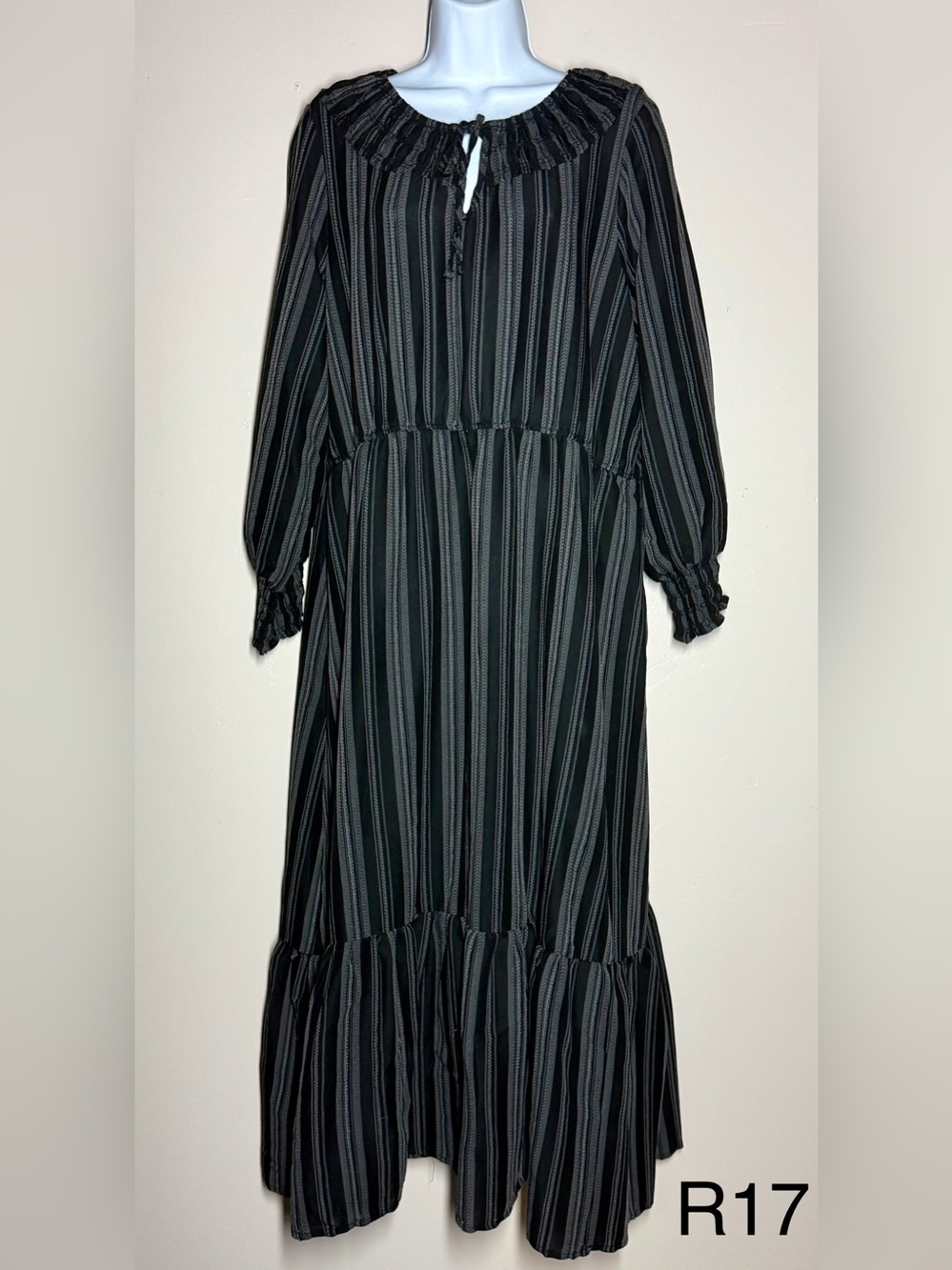 Terra & Sky Black and Gray Striped Tiered Long Sleeve Dress
